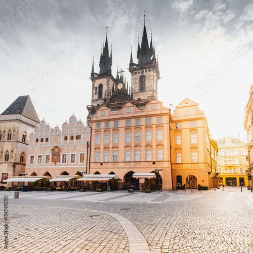 Kostel Panny Marie pred Tynem at the sunrise. Church of the Virgin Mary. Beautiful Old Town Square with the church without people in Romanesque - Gothic style. photo