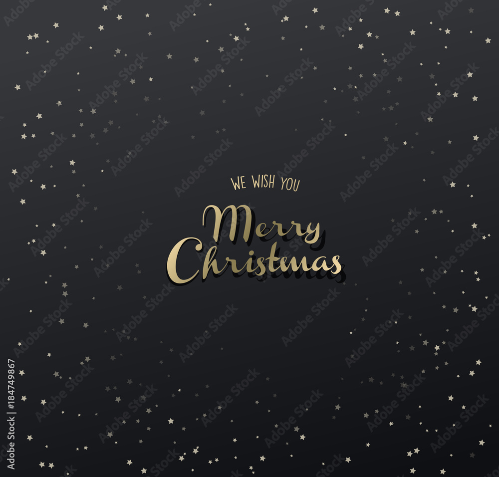 Merry Christmas with many stars on dark background.