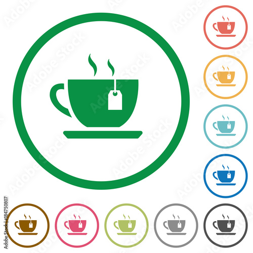 Cup of tea with teabag flat icons with outlines