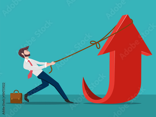 Business man pulling the graph up with a rope.Profit and success concept. Vector Illustration.