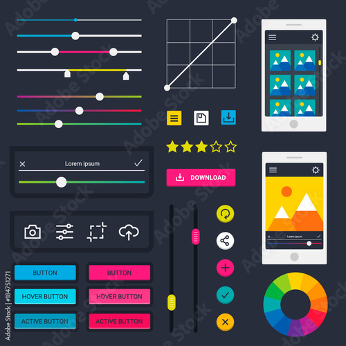 User interface vector phone laptop tab device mobile app indicators download progress ui-ux web interface design template file upload illustration. Interface elements