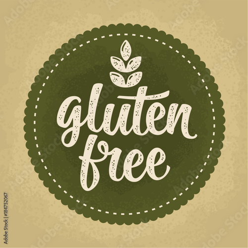 Gluten free lettering with leaf. Vector dark green vintage illustration