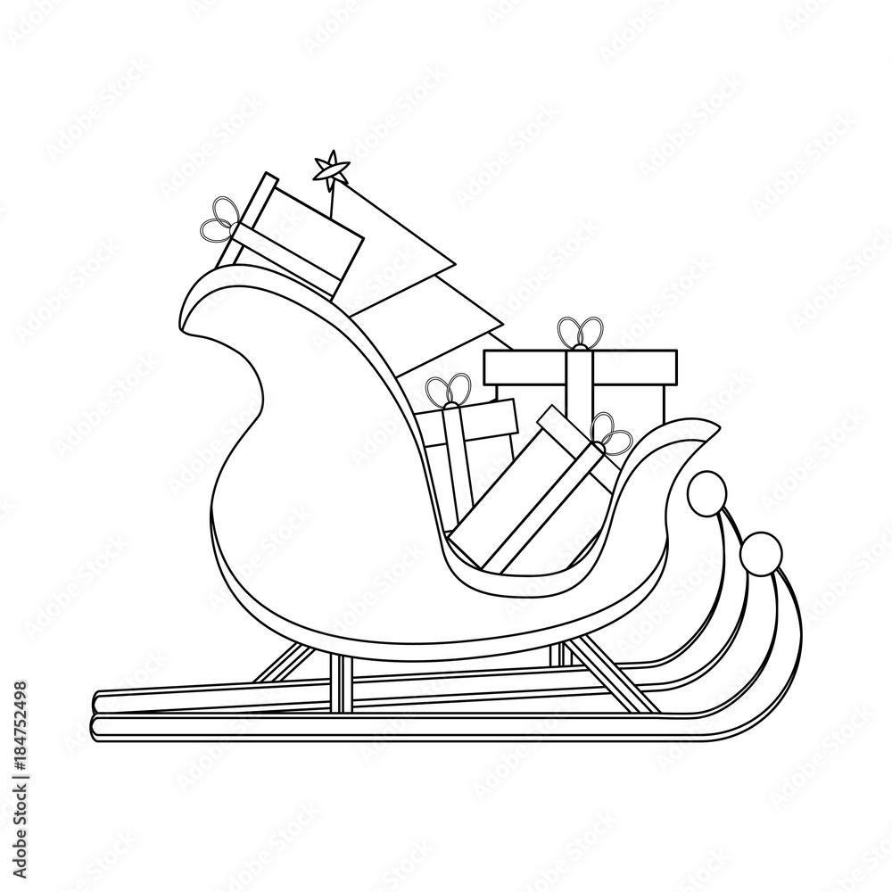 Santas Sledge with presents. Santa sleigh outline vector illustration