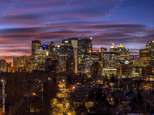 View of Calgary's skyline before sunrise. View is from the bluff overlooking the Bow River and downtown. 