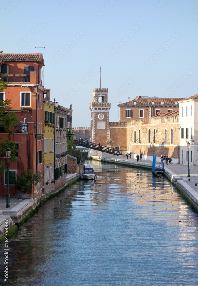 Canal, boats, and bridges in Venice,Spring, 2017.