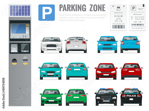 Set of realistic modern terminal for paying for car parking, parking receipt and cars front and rear view