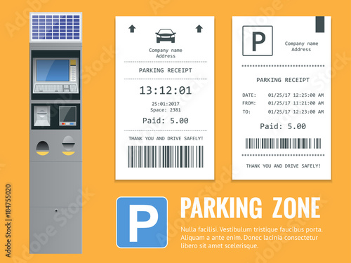 Realistic modern terminal for paying for car parking and parking receipt. Vector illustration