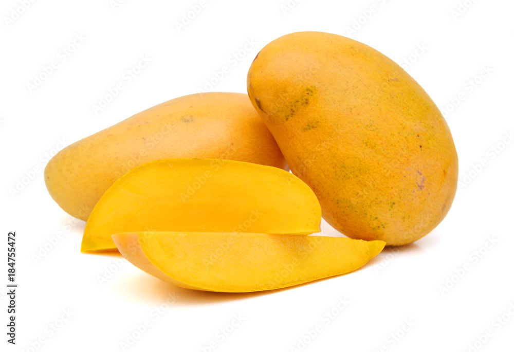 Ripe mango slices on white 