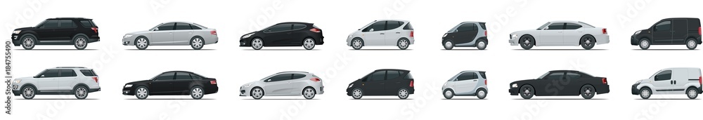 Side view of business vehicle template vector isolated on white. Urban, city cars and vehicles transport vector flat icons set. - obrazy, fototapety, plakaty 