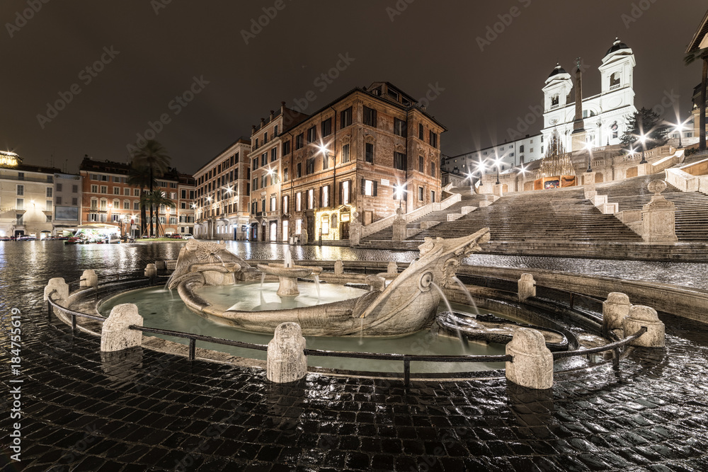 Spanish Steps and Barcaccia fountain at night, Rome - Italy - Christmas time