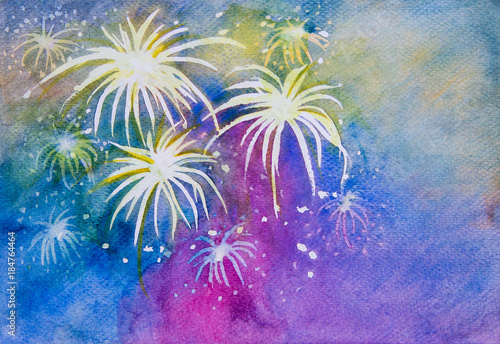 Colorful fireworks in holiday celebration background, watercolor painting