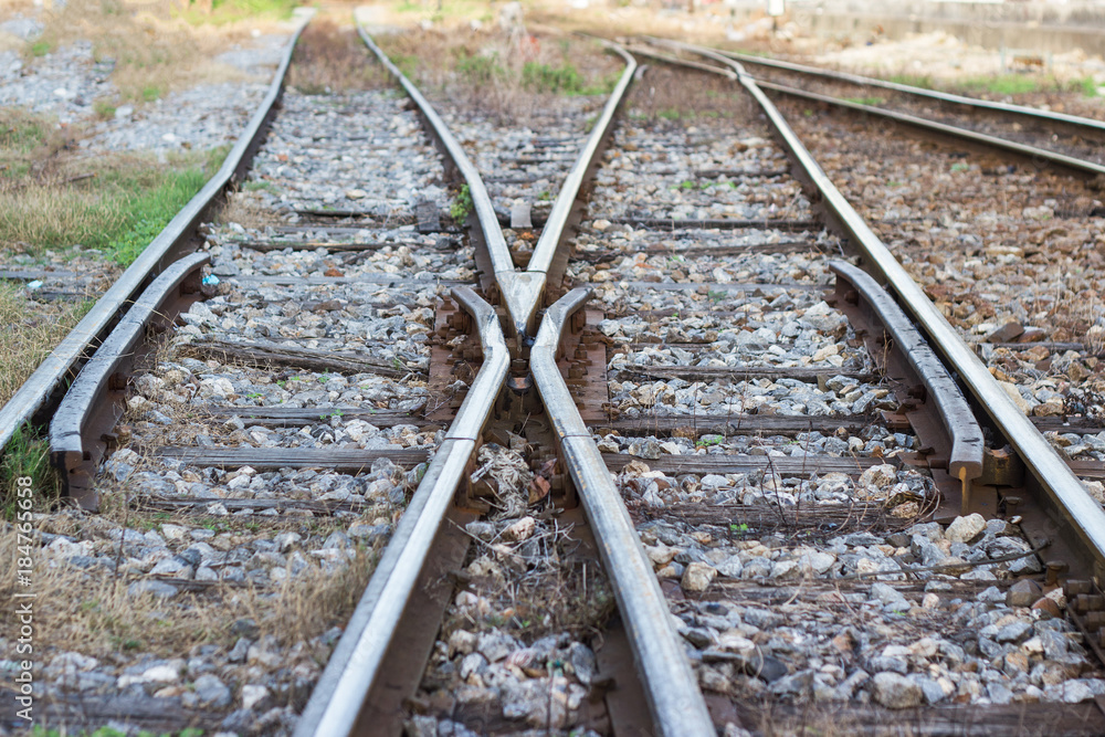 railway track, line crossing railway track on the stone background Bangkok Thailand railway track, line crossing railway track on the stone background Bangkok Thailand