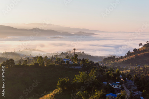 Morning mountain village in the mist.