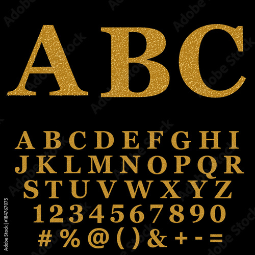 Gold letter, alphabetic fonts with numbers and symbols.