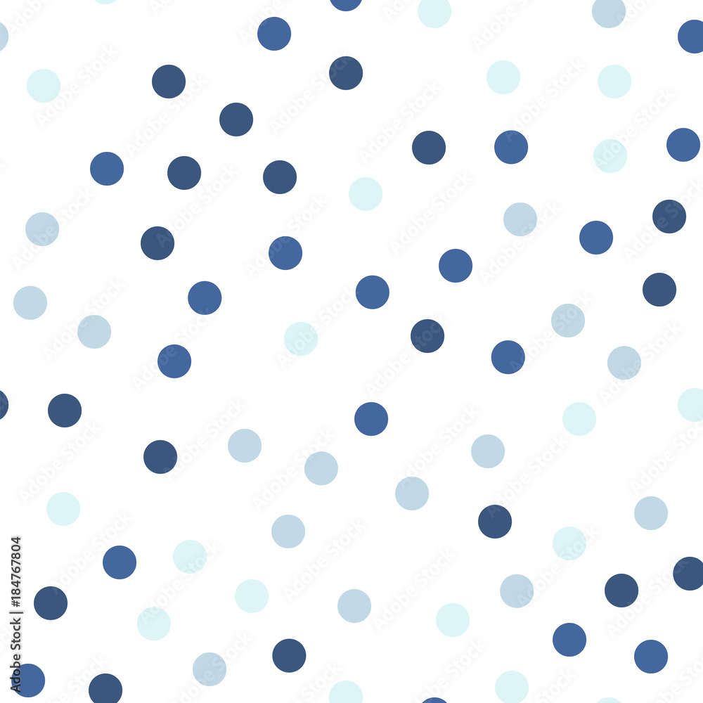 Colorful polka dots seamless pattern on white 23 background. Appealing classic colorful polka dots textile pattern. Seamless scattered confetti fall chaotic decor. Abstract vector illustration.