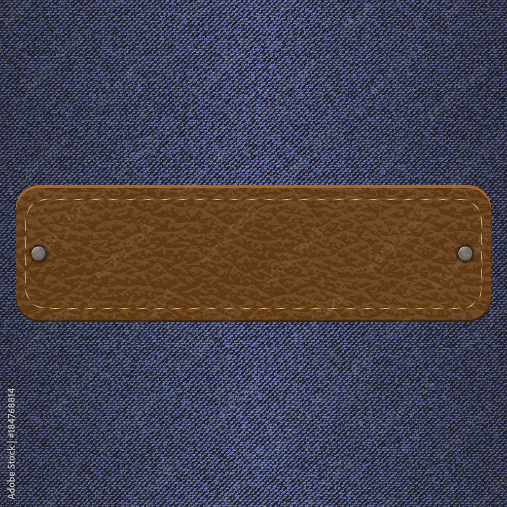 leather texture label for clothes on jeans background in vintage style. vector illustration.