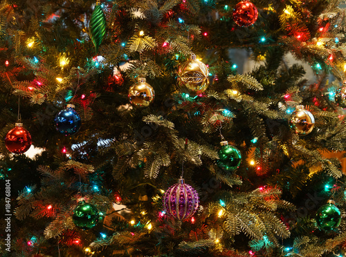Close up on the decorated Christmas tree in the house
