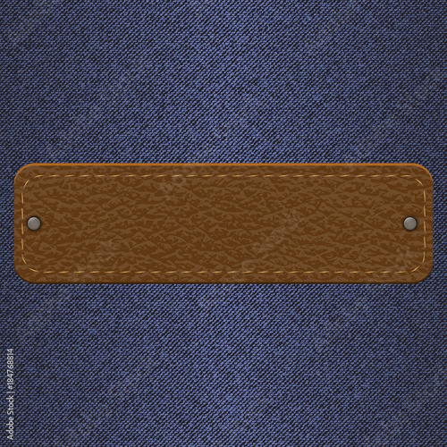 leather texture label for clothes on jeans background in vintage style. vector illustration.