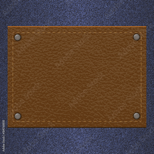 leather texture label for clothes on jeans background in vintage style. vector illustration.