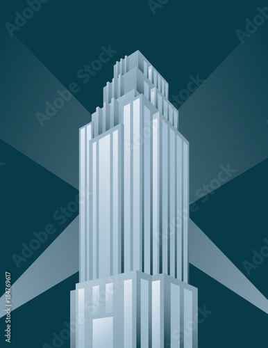 Skyscraper building vector illustration.  Retro art deco style architectural building design with spotlights.