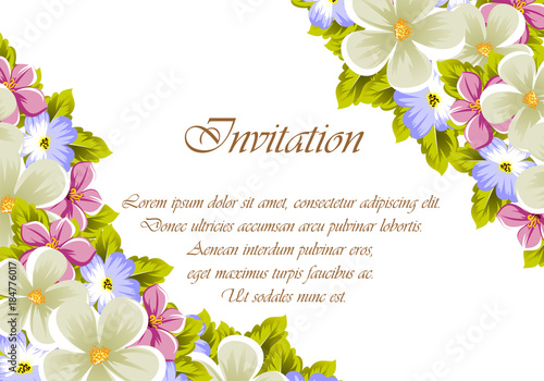 Floral frame of several flowers and leaves. For design of cards, invitations, posters, banners, greeting for birthday, Valentine's day, wedding, celebration.