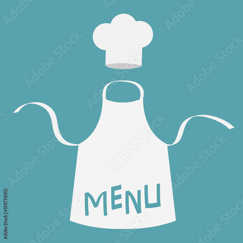 White blank kitchen cotton apron. Chef hat. Menu card template. Uniform for cook or baker. Cooking icon set. Flat design. Blue background. Isolated.