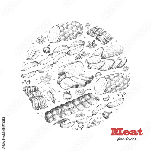 Vector background with meat products arranged in a circle