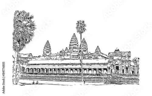 Angkor Wat Temple, Cambodia. Hand drawn sketch illustration in vector.