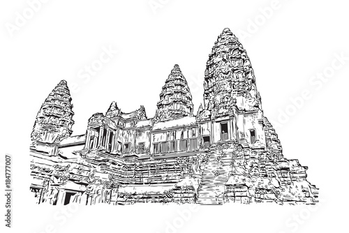 Angkor Wat Temple, Cambodia. Hand drawn sketch illustration in vector.