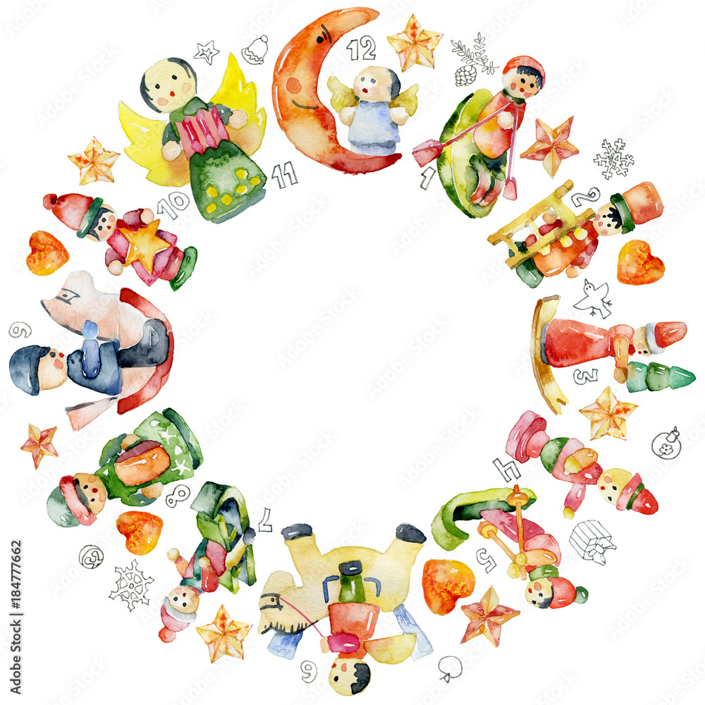Obraz premium New Year's, Christmas wreath of Christmas decorations, toys, figurines. Watercolor. Illustration