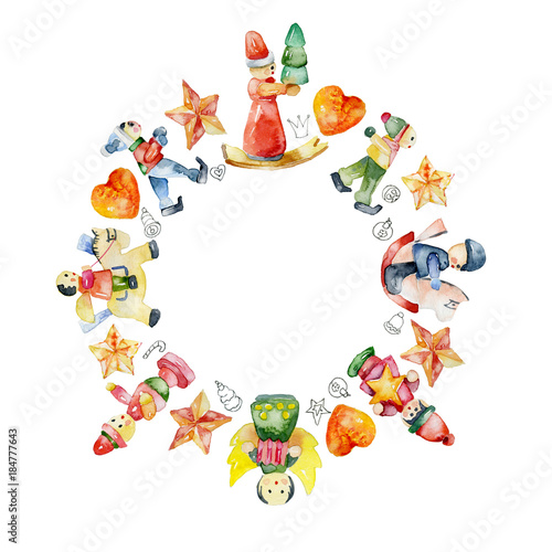 New Year's, Christmas wreath of Christmas decorations, toys, figurines. Watercolor. Illustration