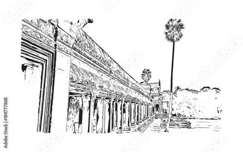 Angkor Wat Temple, Cambodia. Hand drawn sketch illustration in vector.