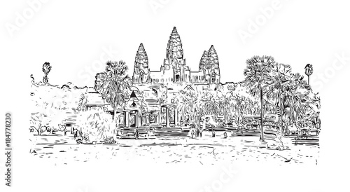 Angkor Wat Temple, Cambodia. Hand drawn sketch illustration in vector.
