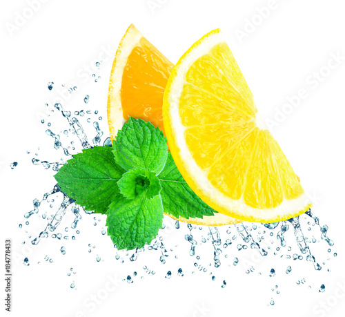 lemon and orange water splash isolated on white