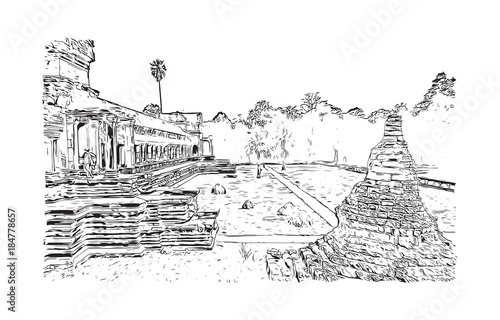 Angkor Wat Temple, Cambodia. Hand drawn sketch illustration in vector.