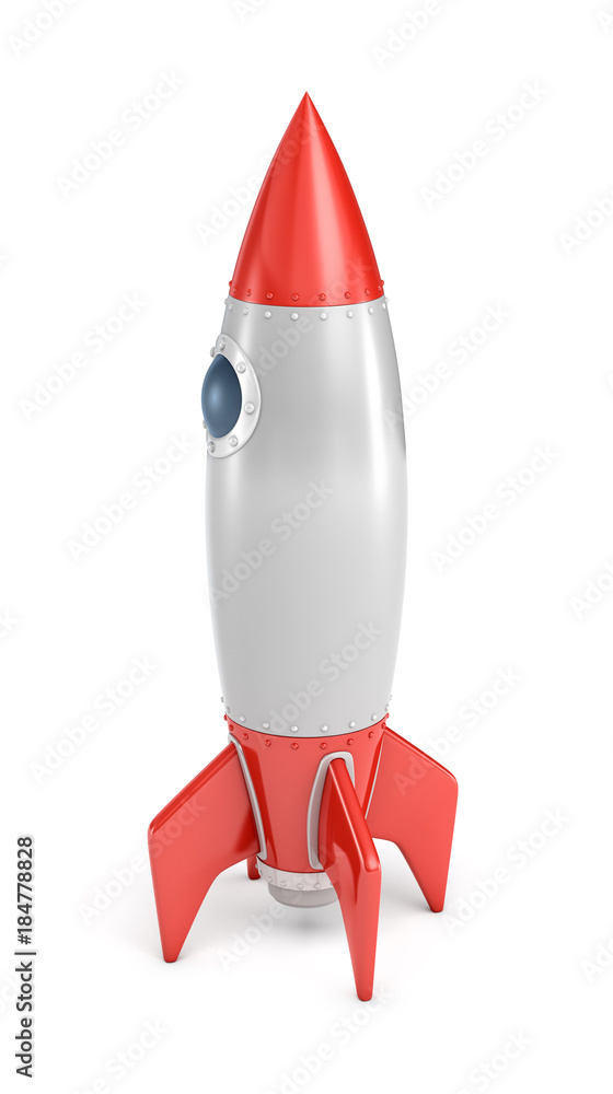 3d rendering of a single silver and red rocket ship with a round porthole isolated on a white background. 3d rendering of a single silver and red rocket ship with a round porthole isolated on a white background.