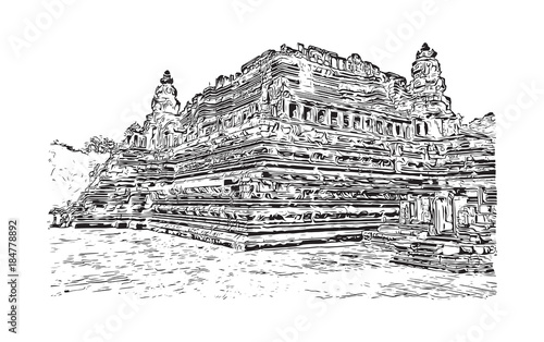 Angkor Wat Temple, Cambodia. Hand drawn sketch illustration in vector.