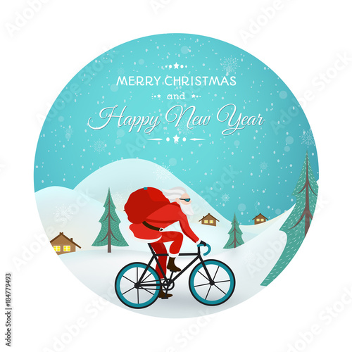Christmas New Year card. Santa claus bicycle delivery logistics courier. Bike messenger bearded male character hipster style. Winter countryside mountains valley snow landscape. Round bauble shape.