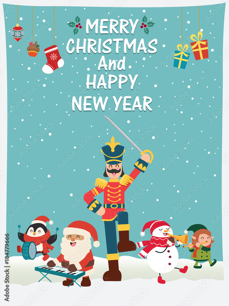 Vintage Christmas poster design with vector toy soldier, Santa Claus, elf, snowman, penguin characters.