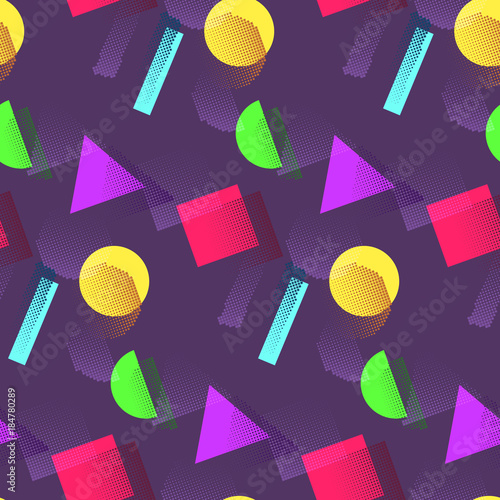 Trendy geometric seamless pattern with bright colorful and halftone shapes. Abstract purple, ultra violet vector texture in memphis style for textile, wrapping paper, cover, surface, wallpaper