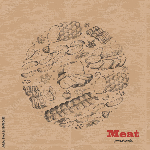 Vector background with meat products arranged in a circle