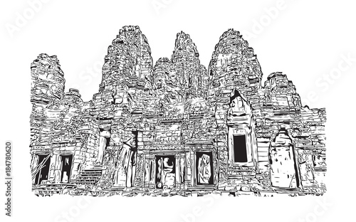 Angkor Wat Temple, Cambodia. Hand drawn sketch illustration in vector.