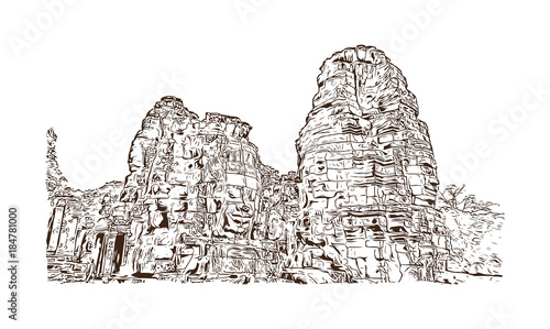Angkor Wat Temple, Cambodia. Hand drawn sketch illustration in vector.