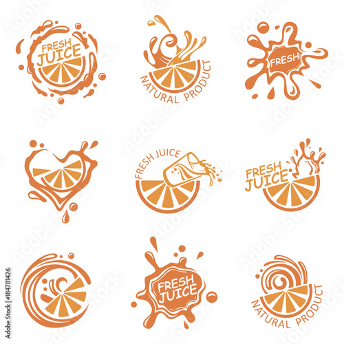 collection of colorful orange fresh juice emblems