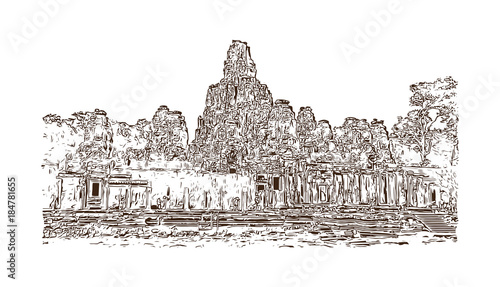 Angkor Wat Temple, Cambodia. Hand drawn sketch illustration in vector.