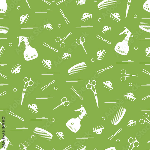 Cute pattern of scissors, combs, hairclip, hairpins and sprayer. For the provision of hairdressing services.
