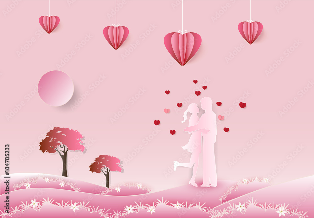 Fototapeta Couple standing in meadow on pink background, paper art, paper craft style illustration