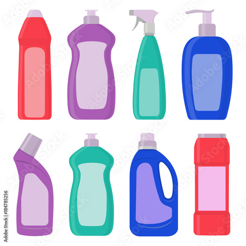 The bottles of detergent, washing powder, detergent powder, bottle of spray, a means for washing dishes. A simple illustration in the flat style, isolated on white background.