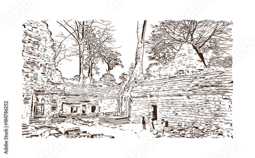 Angkor Wat Temple, Cambodia. Hand drawn sketch illustration in vector.