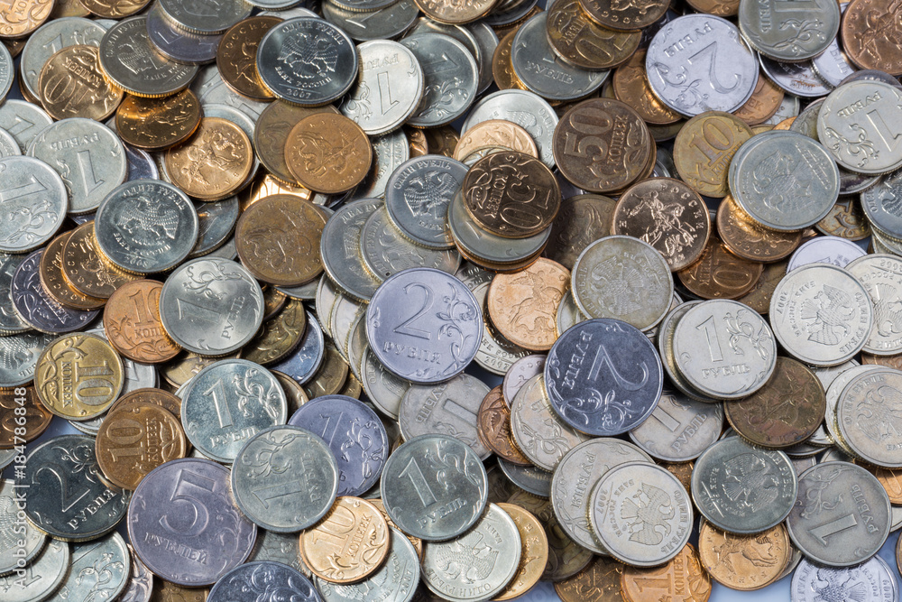 Coins, rubles, metallic Russian money, background Coins, rubles, metallic Russian money, background